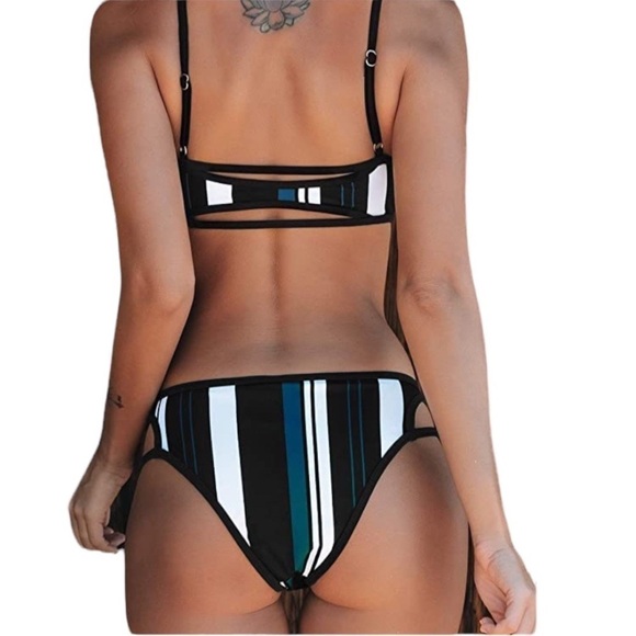 Two Piece Triangle Bikini Blue White Black Stripe Women’s Size Large NWT - Picture 2 of 8